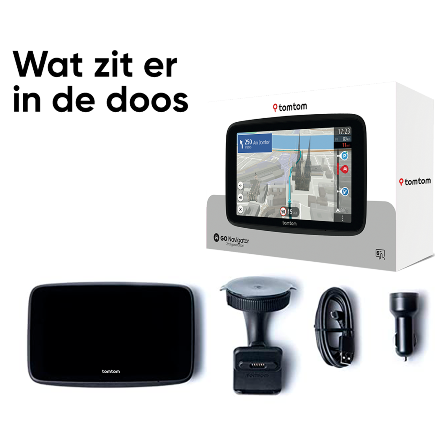 TomTom Go Navigator GPS device and accessories in box.