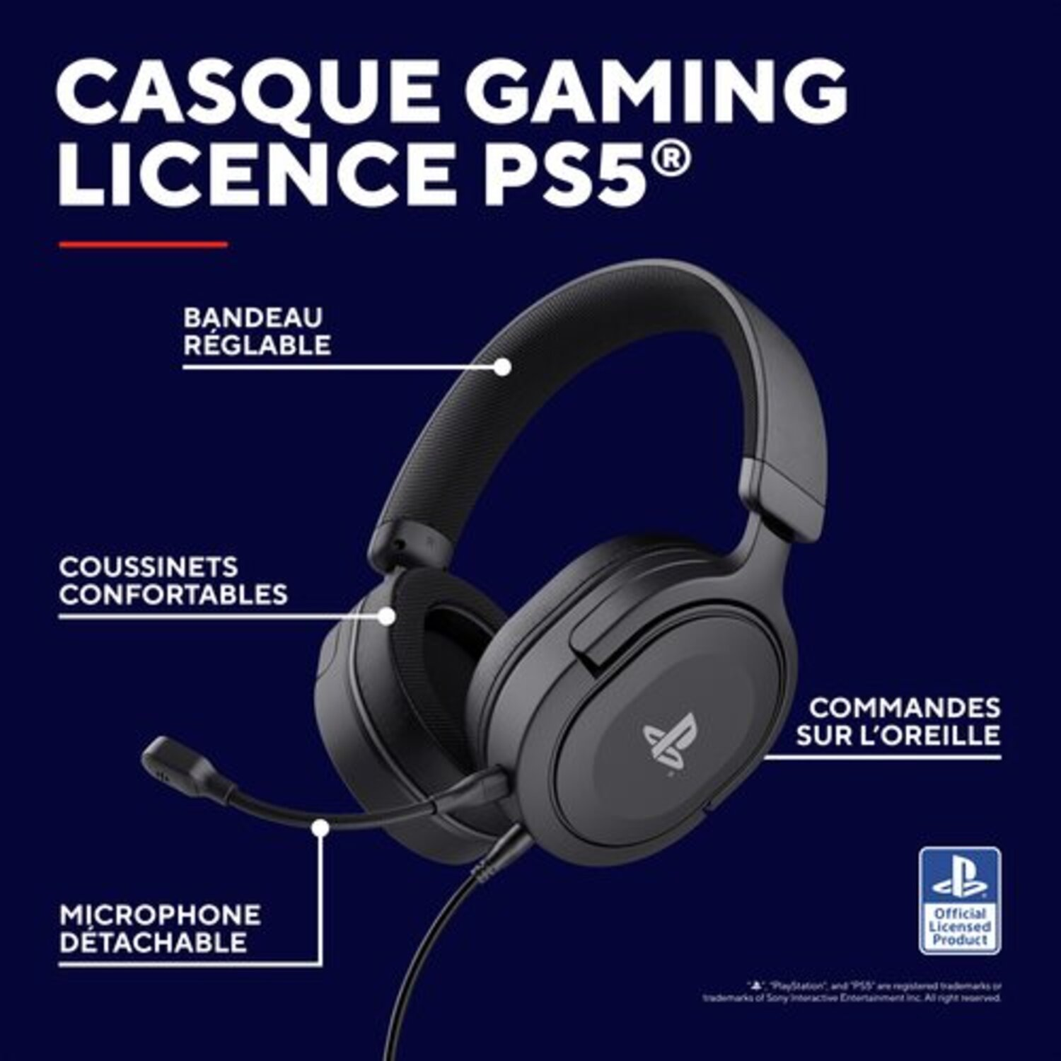 Casque de jeu noir avec microphone détachable, fond bleu.