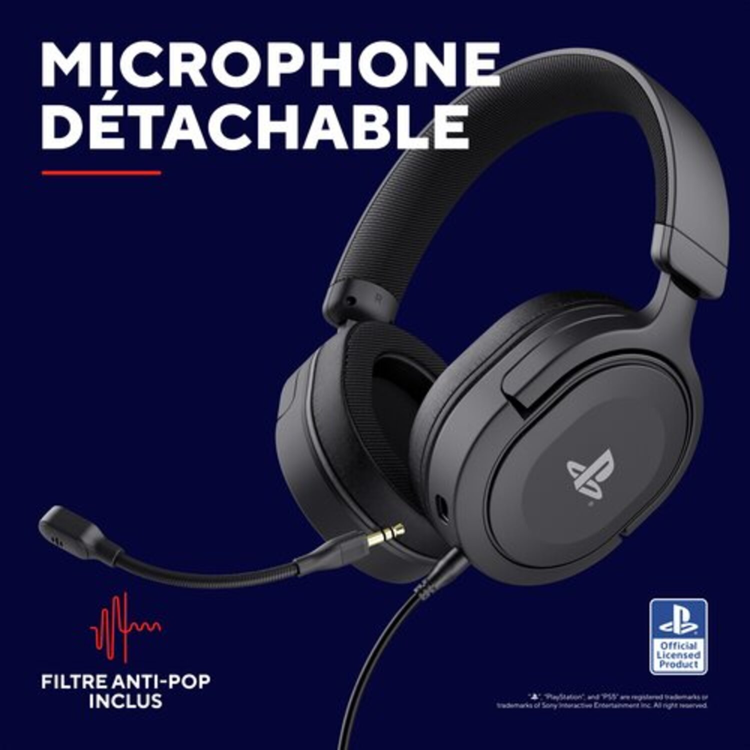 Casque gaming noir avec microphone détachable et filtre anti-pop, sur fond bleu.
