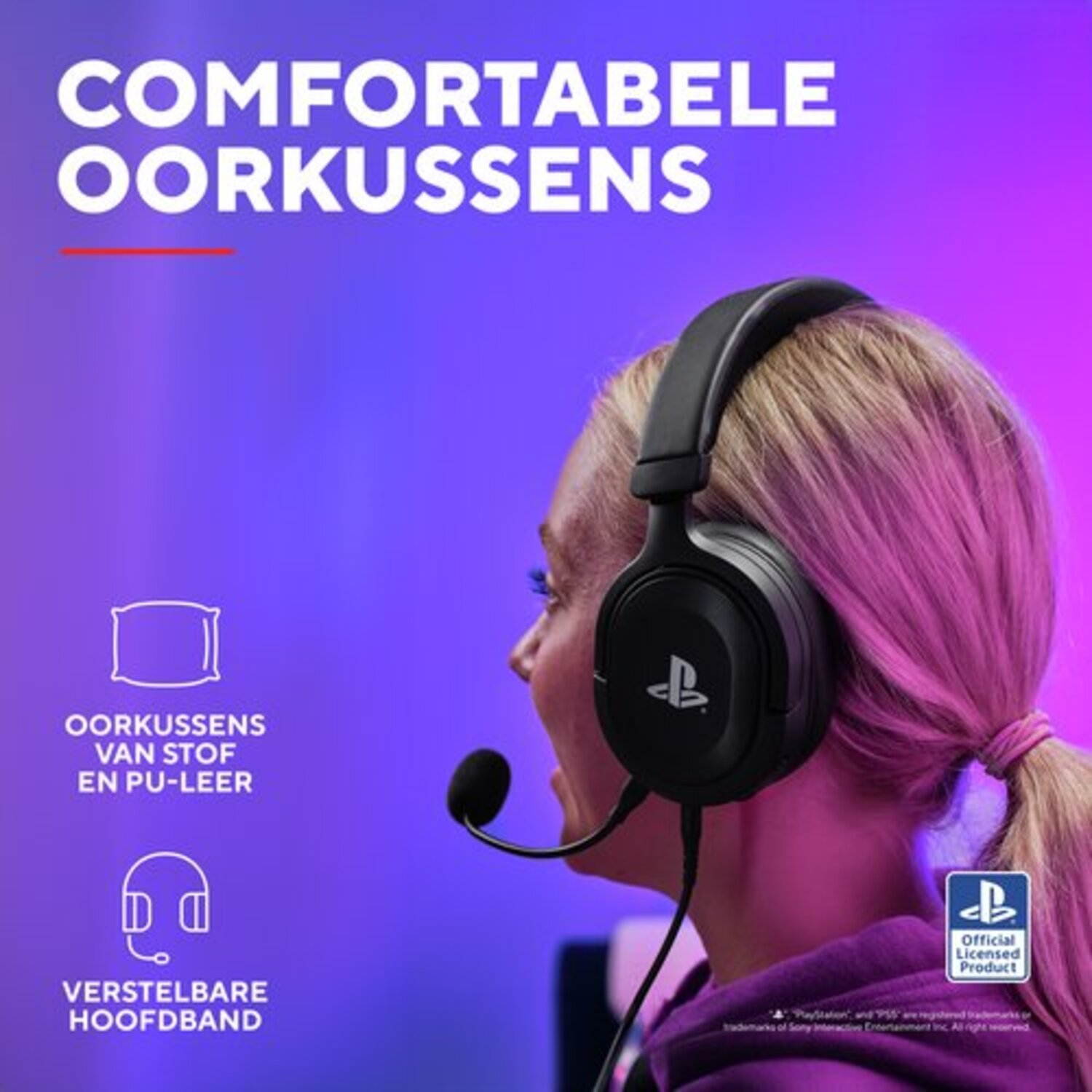Woman with headset, smiling, with text about comfort and ear cushions made of fabric and PU leather.