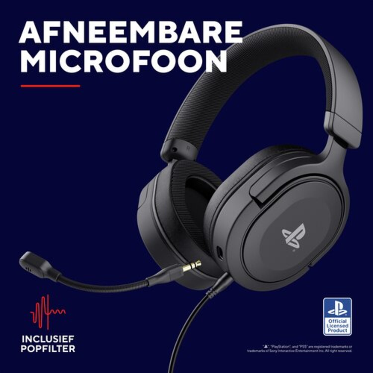 Black Playstation headphones with a detachable microphone, on a dark blue background.