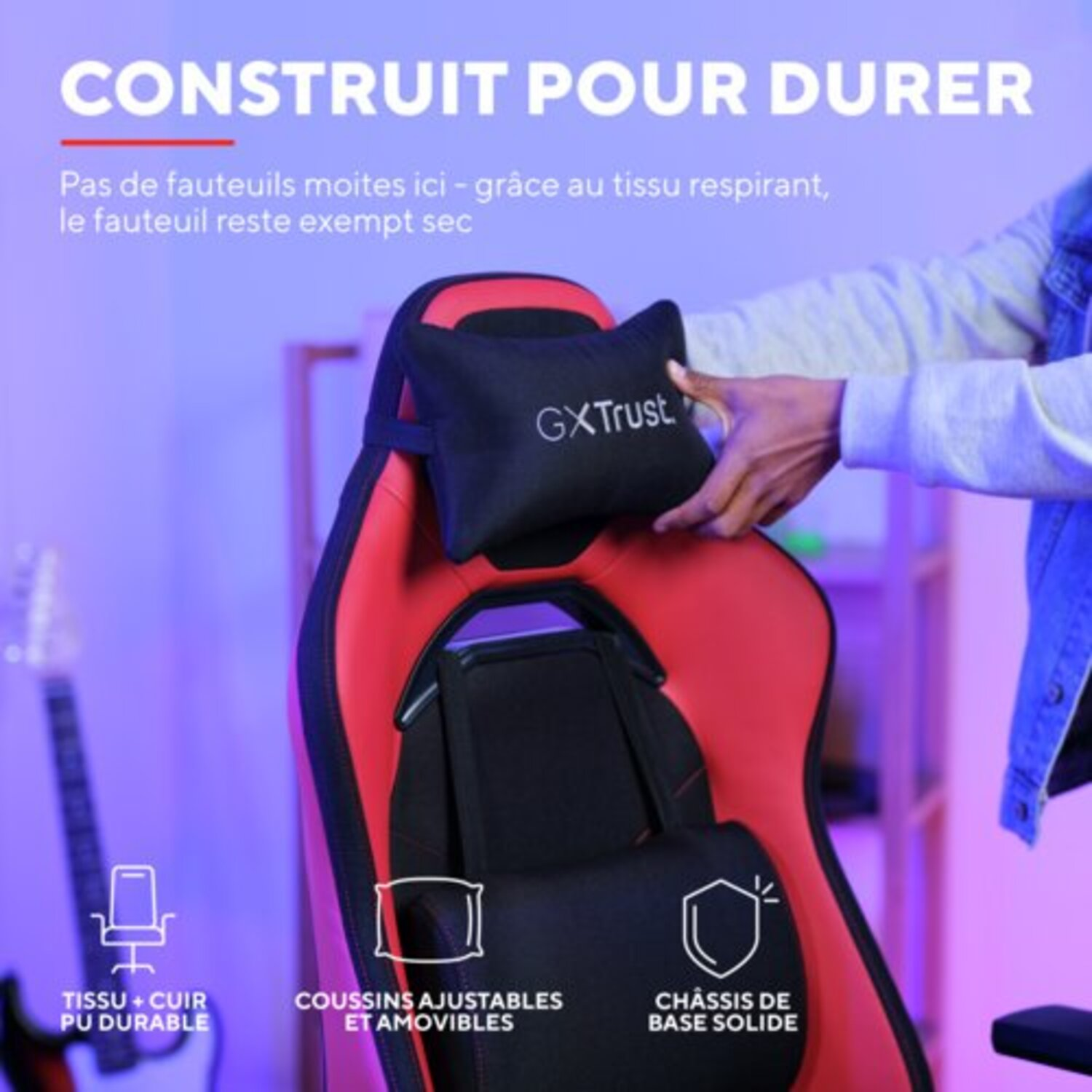 Chaise gaming, rouge et noir, appui-tête réglable, support lombaire, durable.