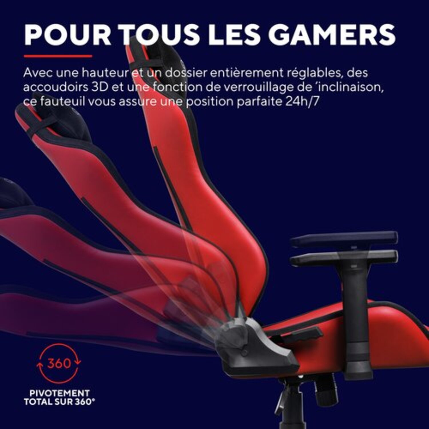 La chaise de jeu qui est rouge à différents angles.
