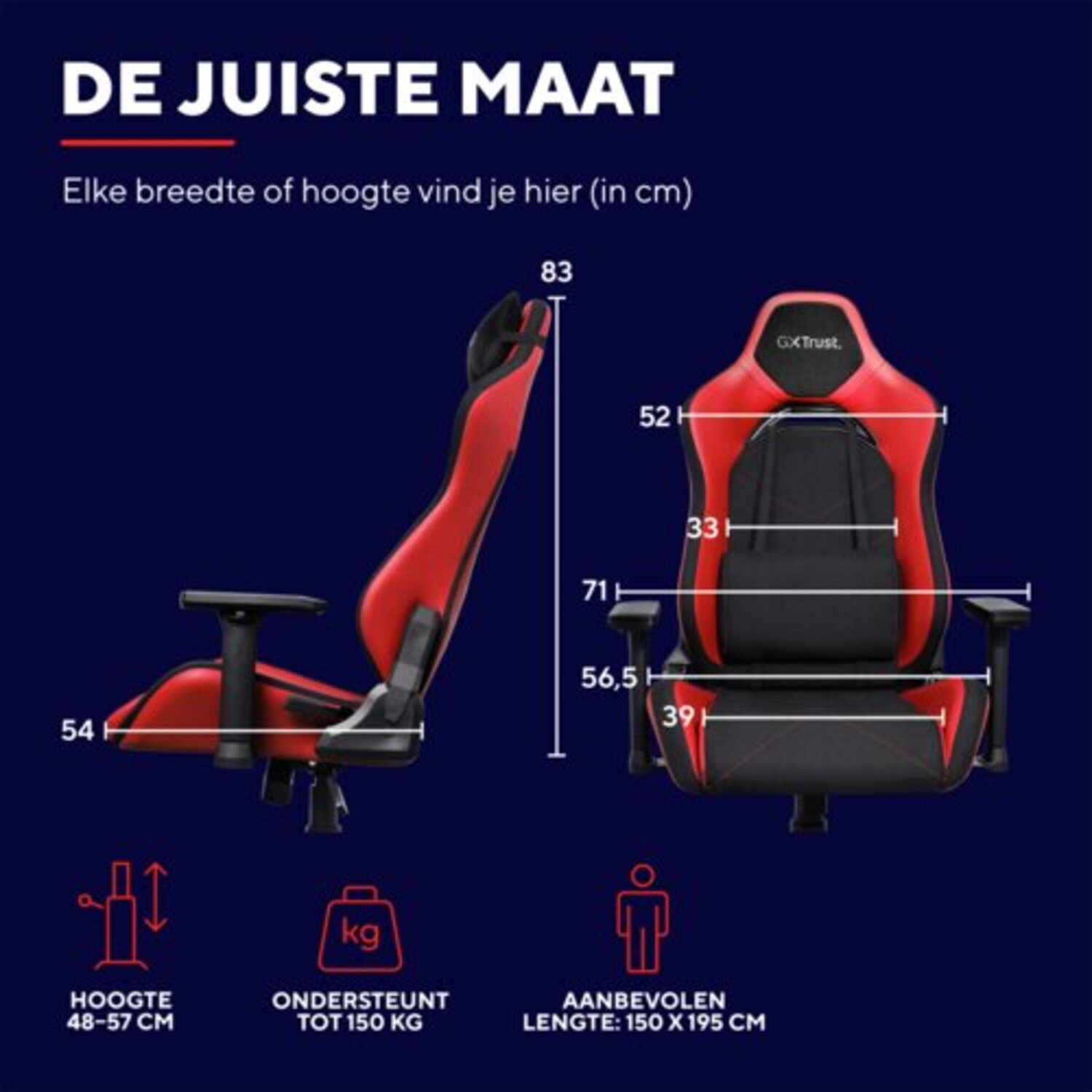 Zijaanzicht van een gamingstoel met afmetingen, met een diagram en tekst over grootte en ondersteuning.
