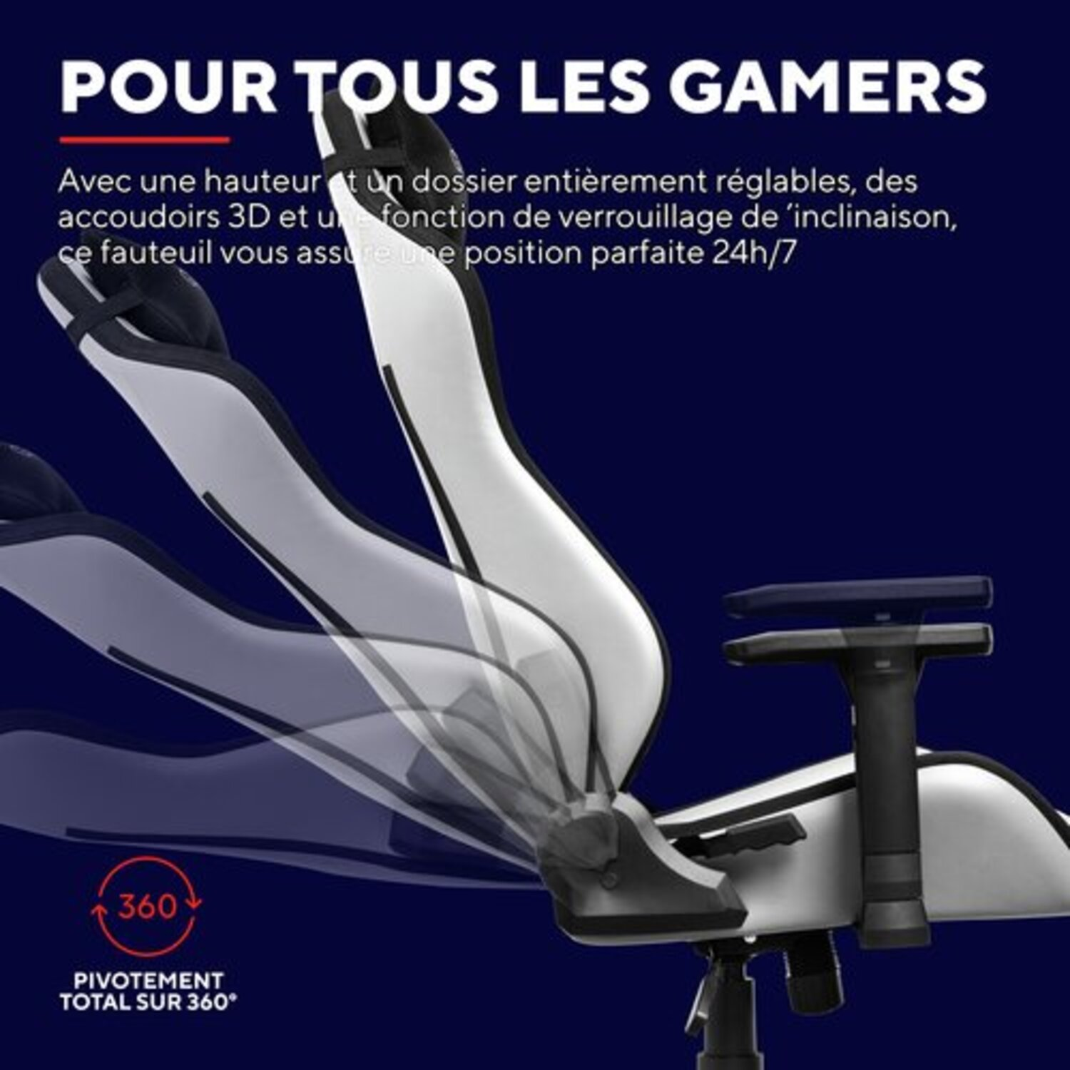 Une chaise de jeu en blanc et noir est affichée.