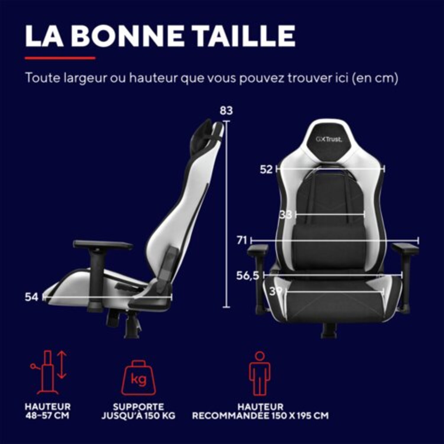 Chaise de jeu blanche et noire avec mesures et icône humaine.