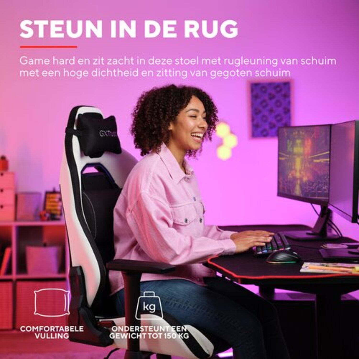 Woman gaming in a white and black chair. Chair has comfortable filling and supports up to 150 kg.