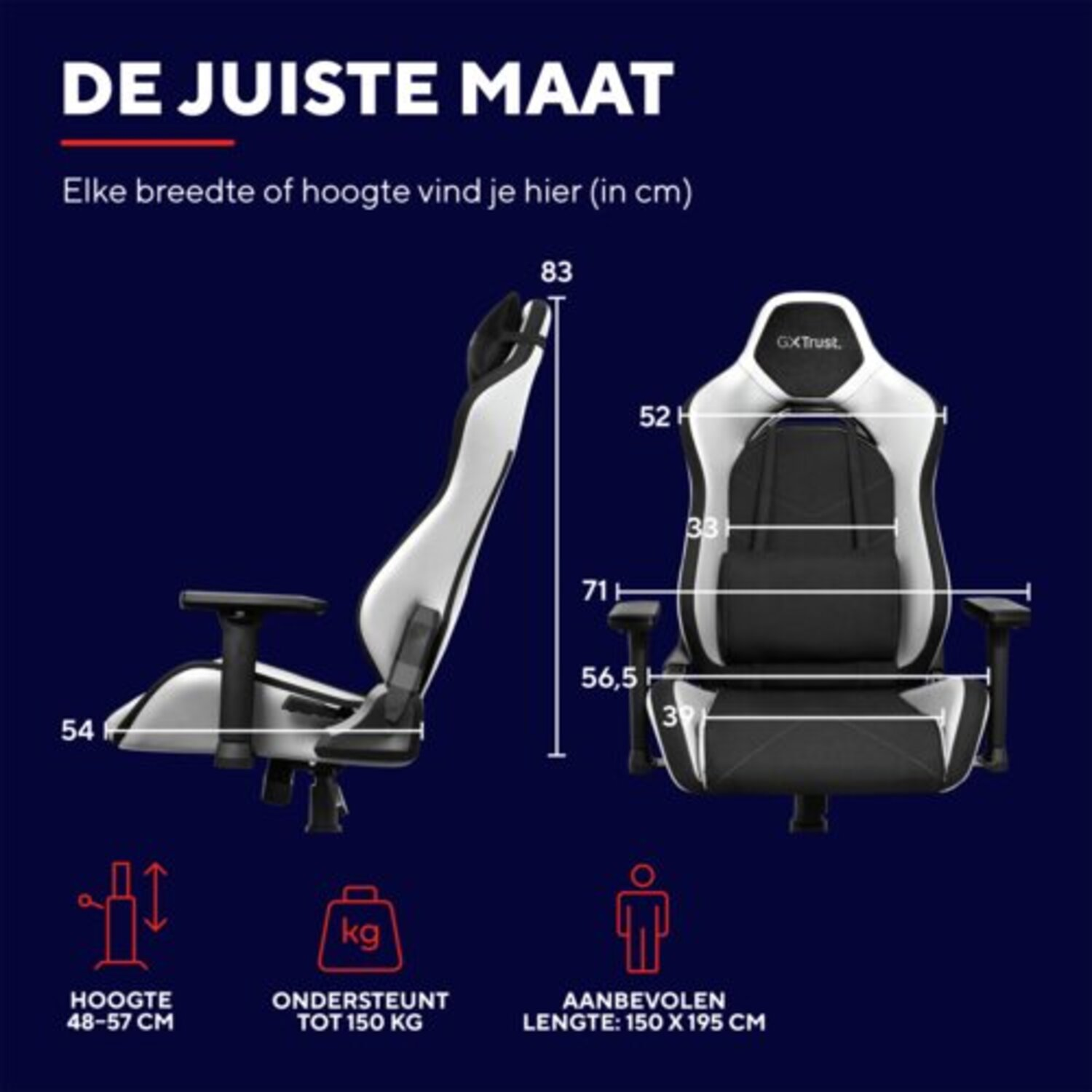 A white and black gaming chair with dimension details, with text indicating size.