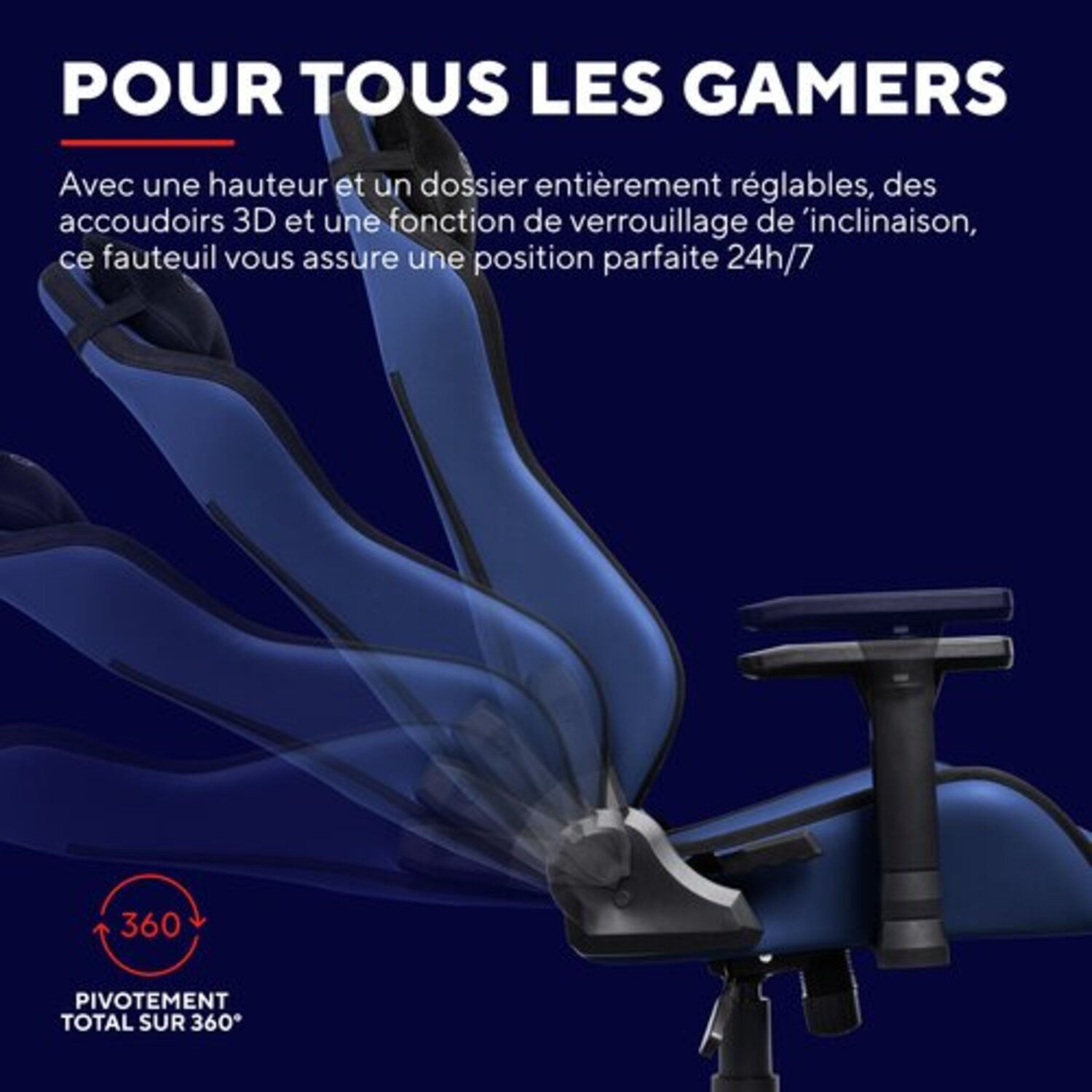 Chaise gaming en bleu avec une rotation à 360 degrés et des fonctions réglables, montrée sur fond bleu.