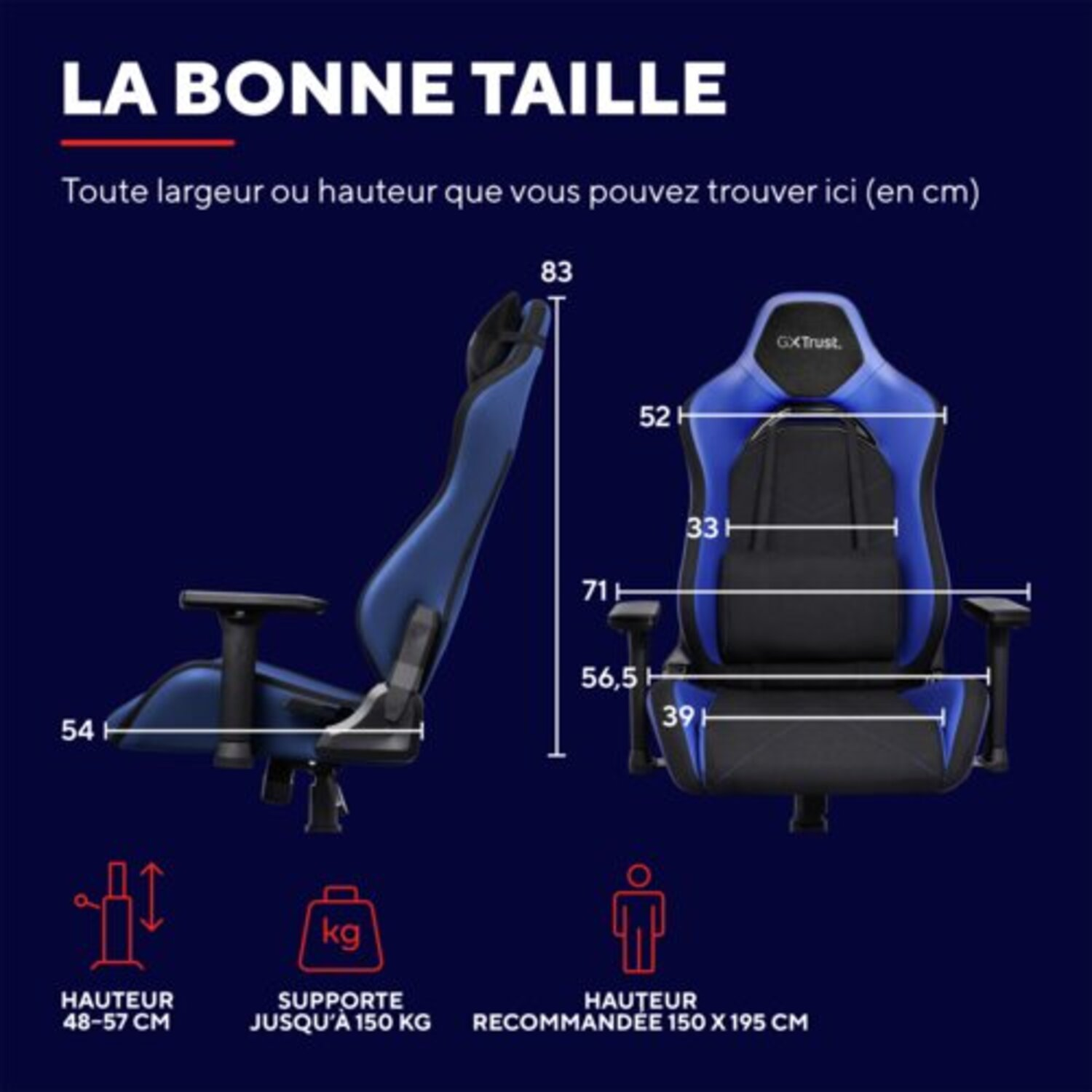 Diagramme d'une chaise de jeu avec dimensions.