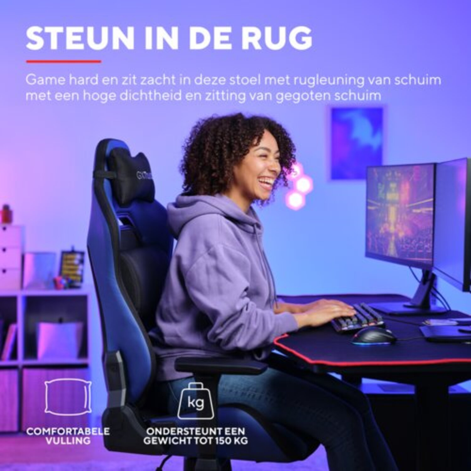 Woman in gaming chair, smiling, typing on keyboard. Text: 'Comfortable filling' and 'Supports up to 150kg'.