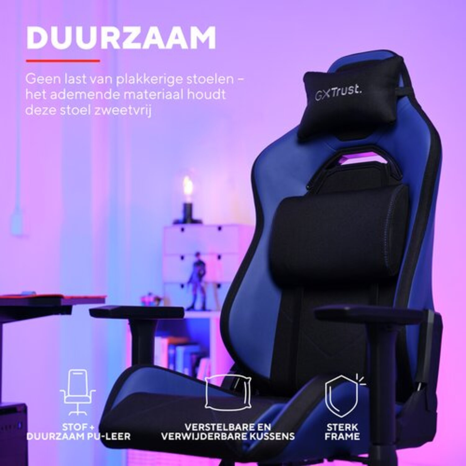 Blue and black gaming chair with headrest and cushions.