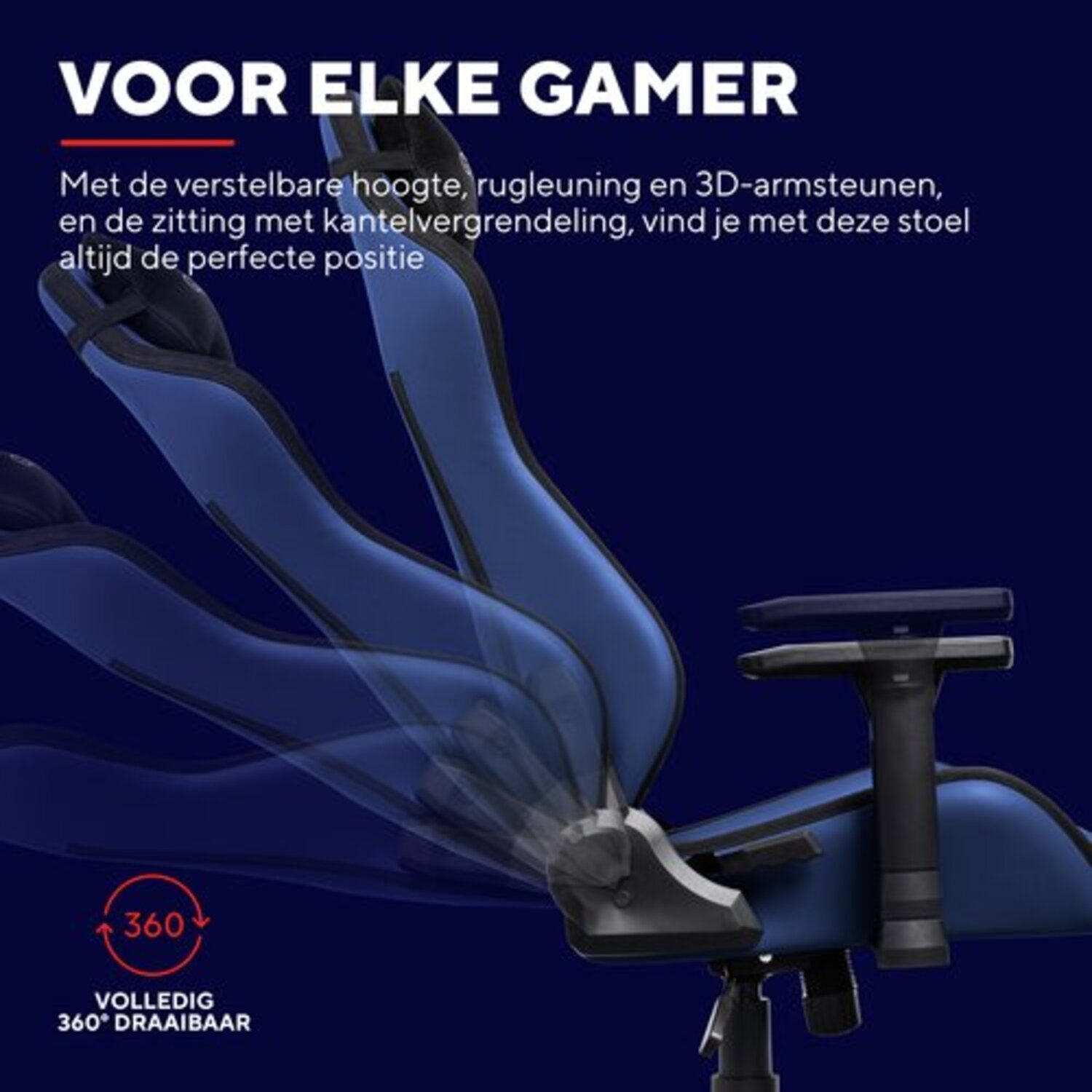 Blue gaming chair with a 360-degree rotating base and adjustable armrests.