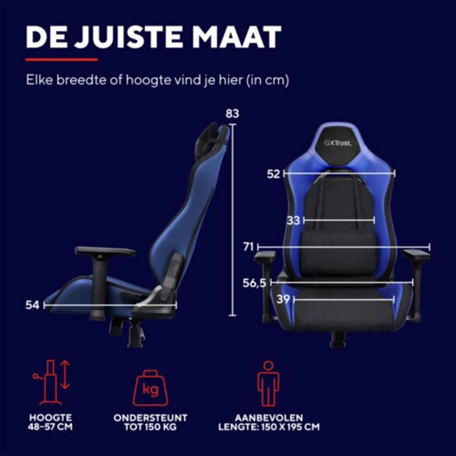 Diagram of a blue gaming chair, showing dimensions, height 48-57cm, and weight support up to 150kg.