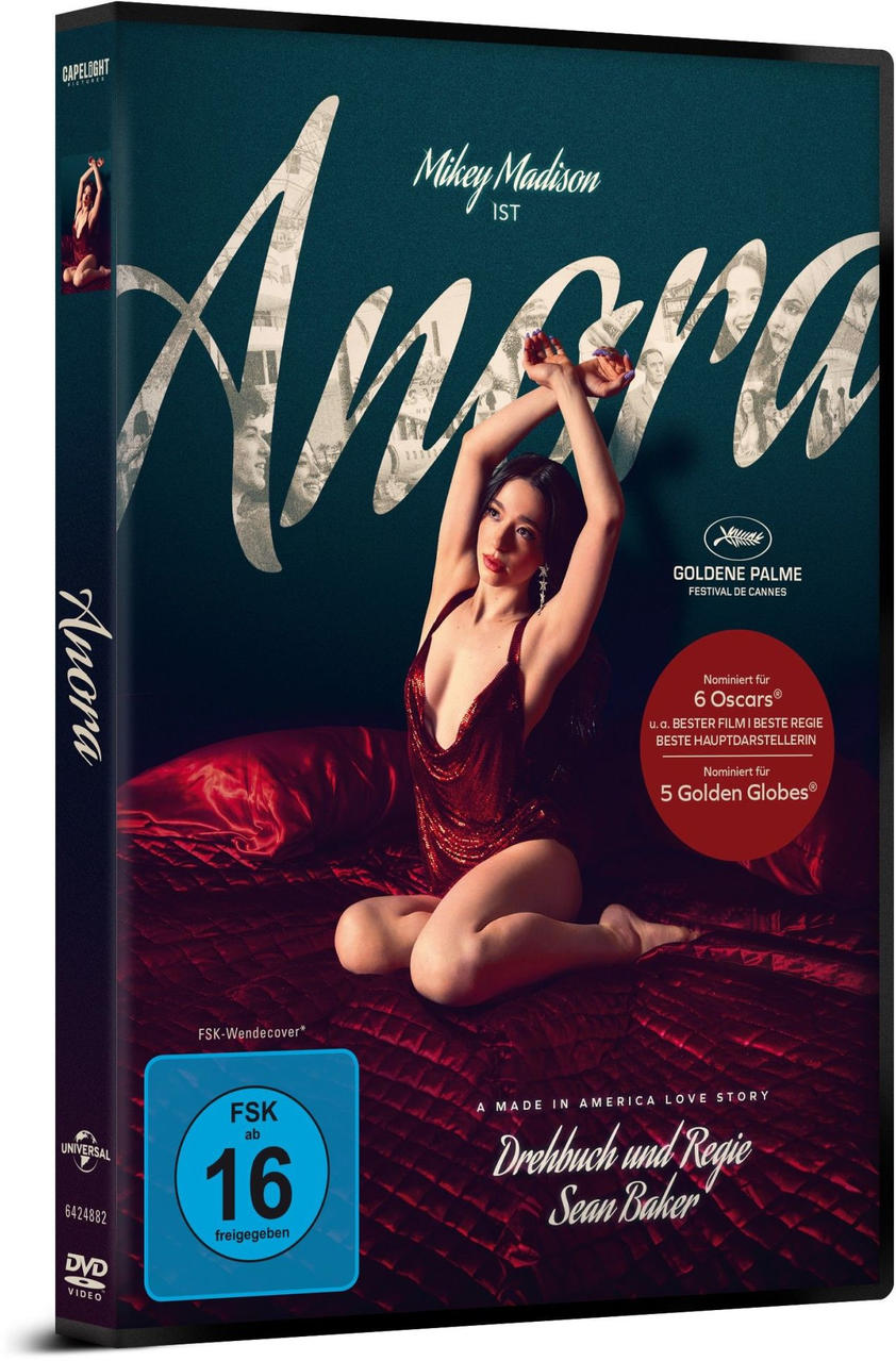 Filmcover, Frau in rotem Kleid auf Bett, Titel 'Anora'.