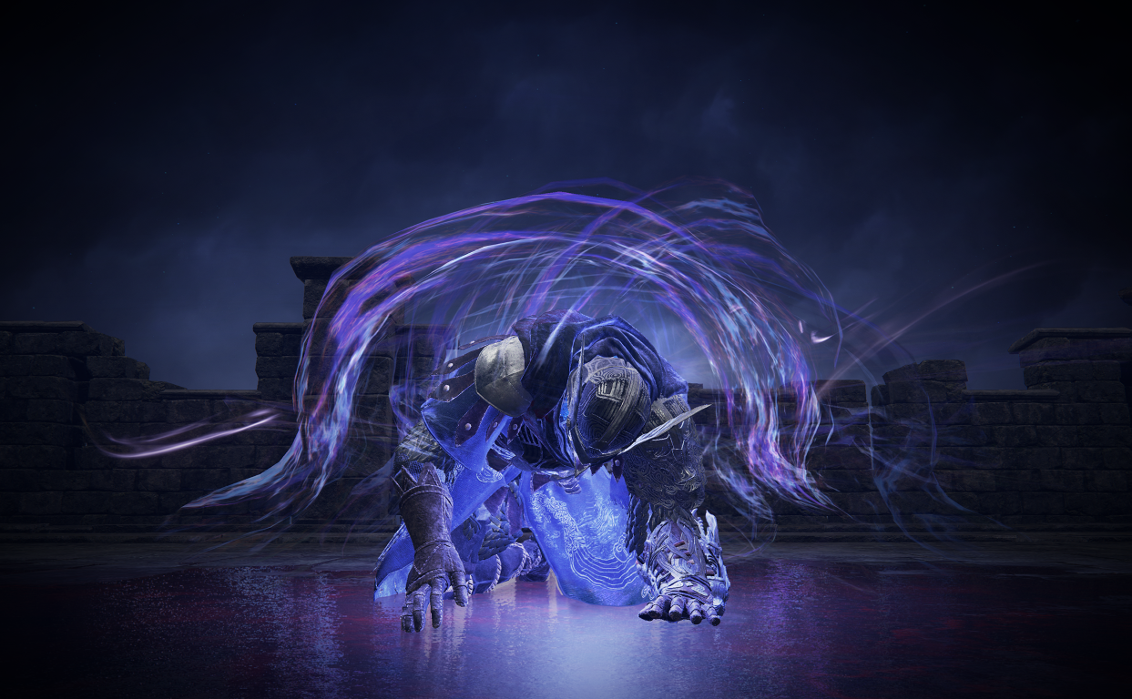 Rycerz klęczący, otoczony fioletową energią, w ciemnym otoczeniu.