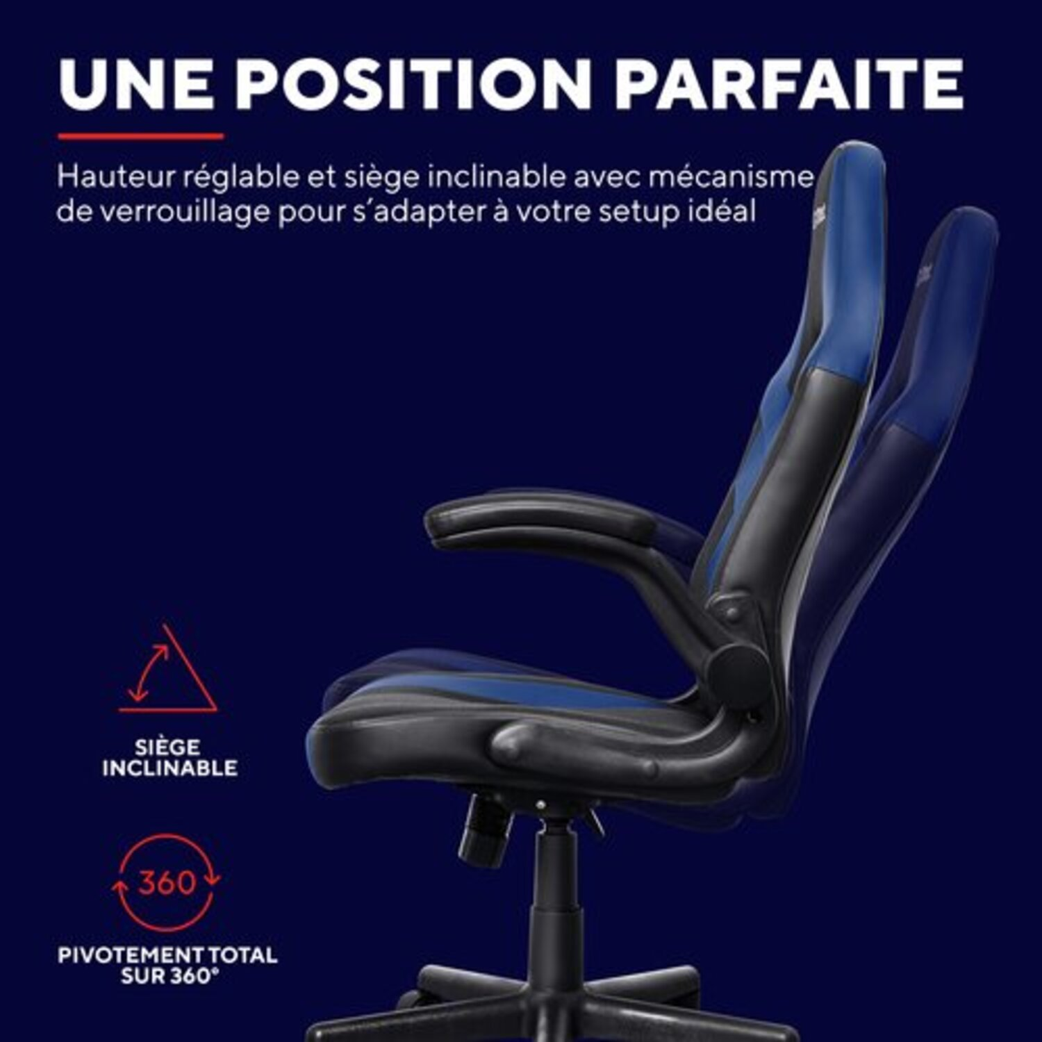 Chaise de jeu inclinée, montrant la hauteur réglable et le siège inclinable avec rotation à 360°.