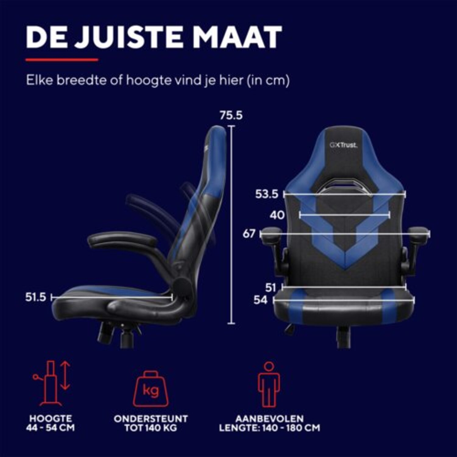 Chaise de gaming bleue, dimensions indiquées. Comprend les mesures de hauteur, dossier et base.