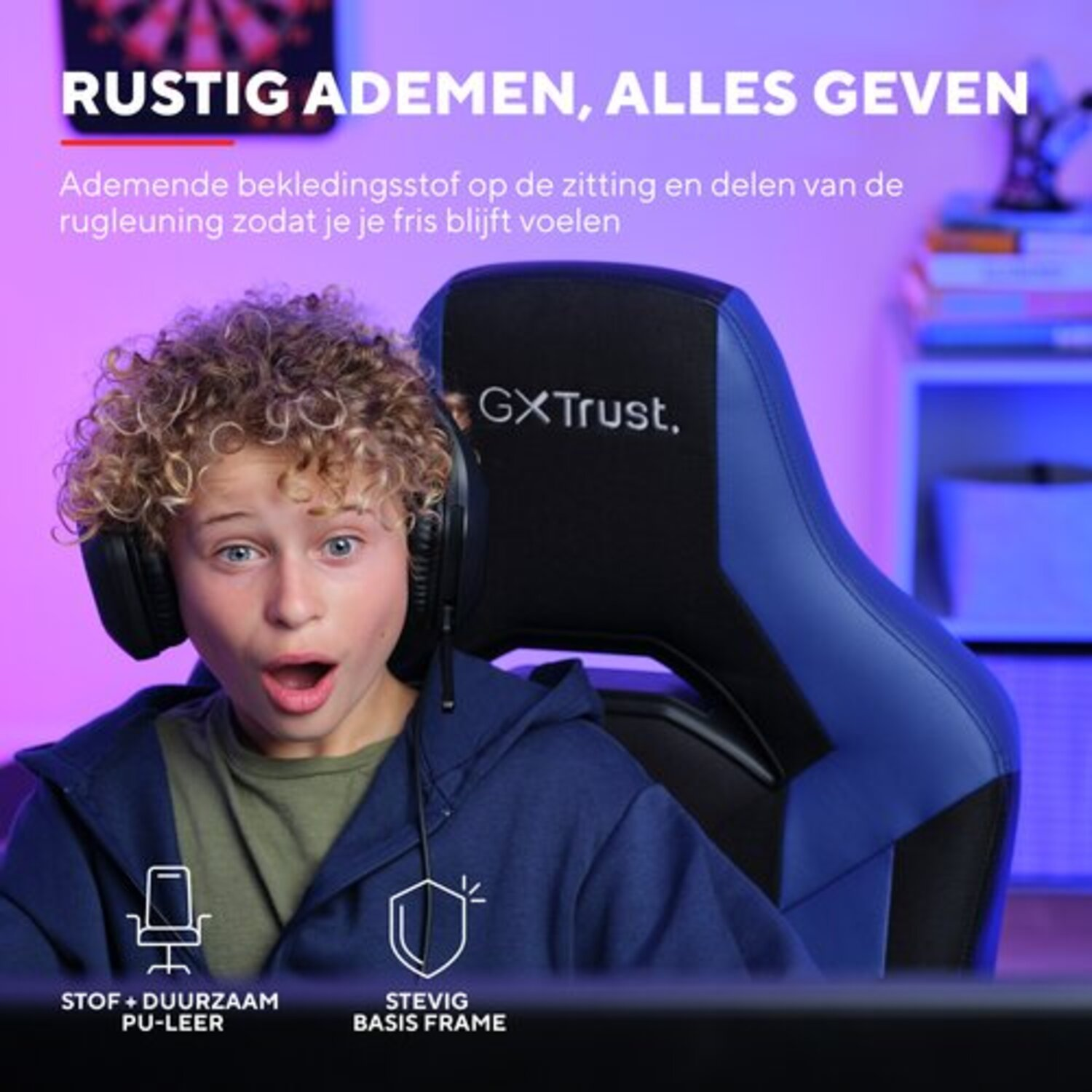 Young boy in headphones on gaming chair. Chair is black and blue. Text: breathable fabric, sturdy frame.