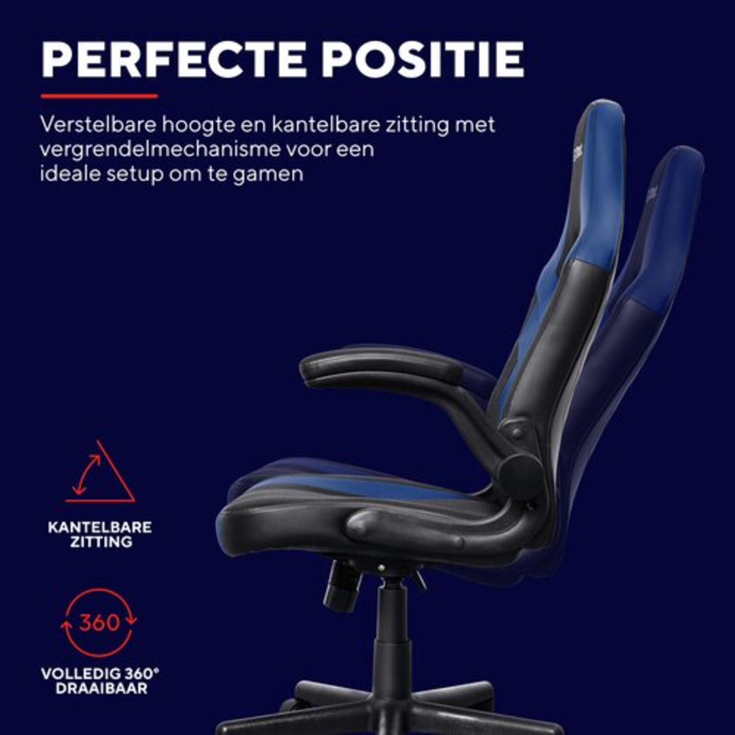 Gaming chair, blue and black. Adjustable height, reclining seat. 360° rotation. Text: perfect position.