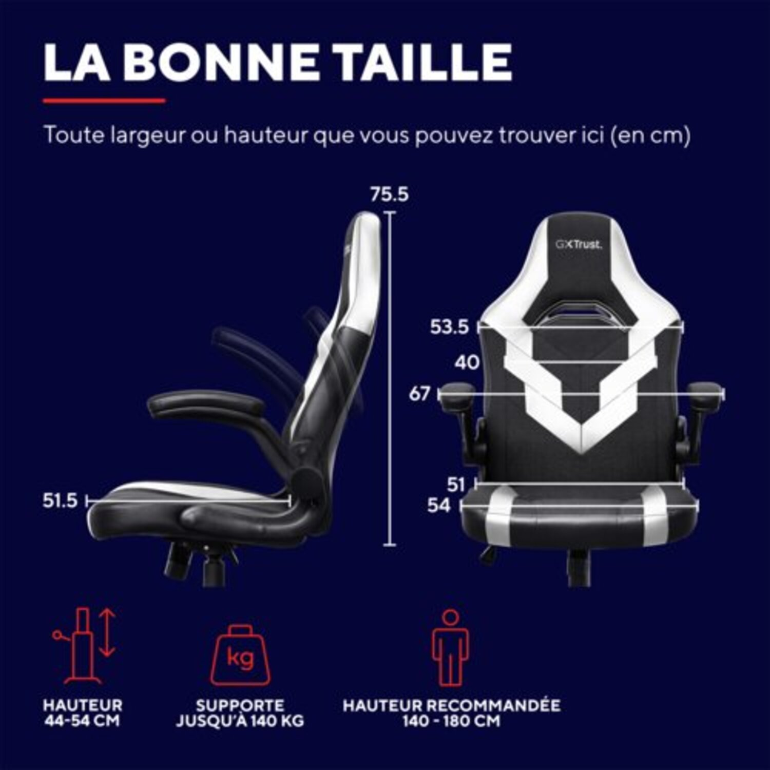 Chaise gaming blanche et noire. Dimensions indiquées. Convient aux hauteurs 140-180 cm. Texte : La bonne taille.