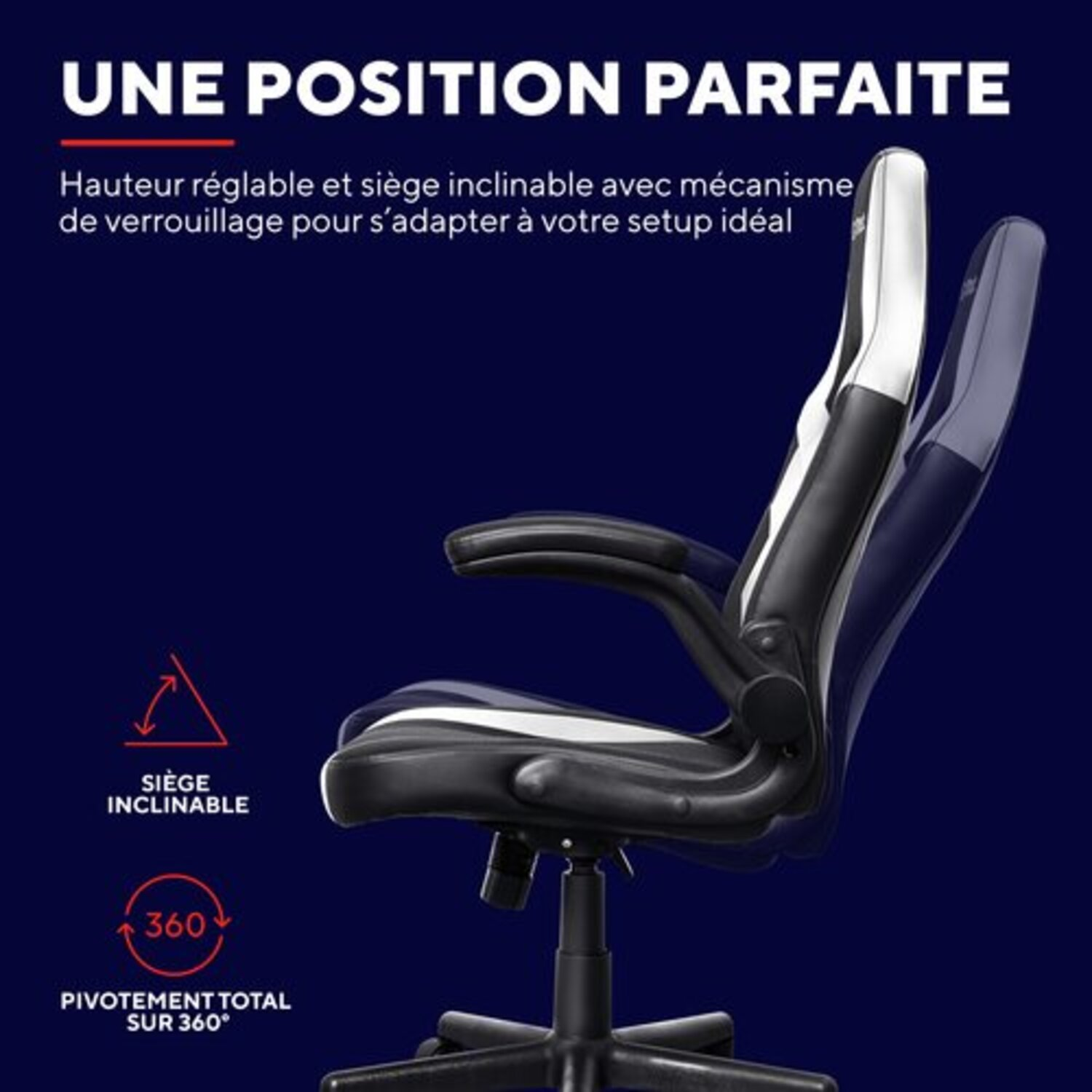 Chaise gaming, blanche et noire. Hauteur réglable, siège inclinable. Rotation 360°. Texte : position parfaite.