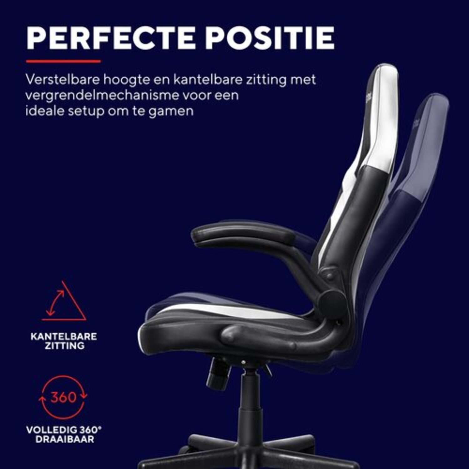 Gamingstoel, wit en zwart. In hoogte verstelbaar, kantelbare zitting. 360° rotatie. Tekst: perfecte positie.
