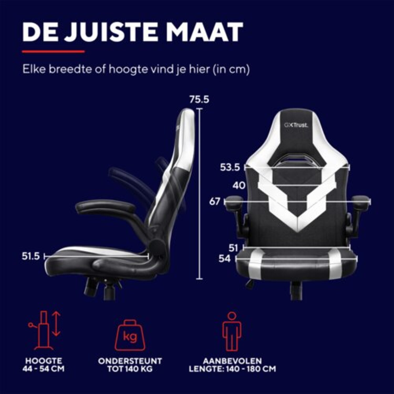 Diagram van een gamingstoel met afmetingen en meetlabels.