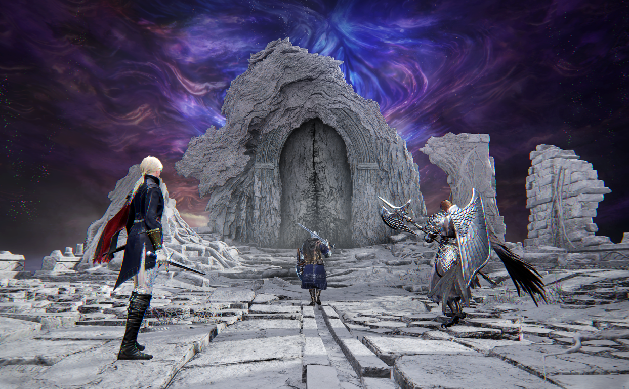 Trzy postacie stoją przed kamiennym łukiem w krajobrazie.