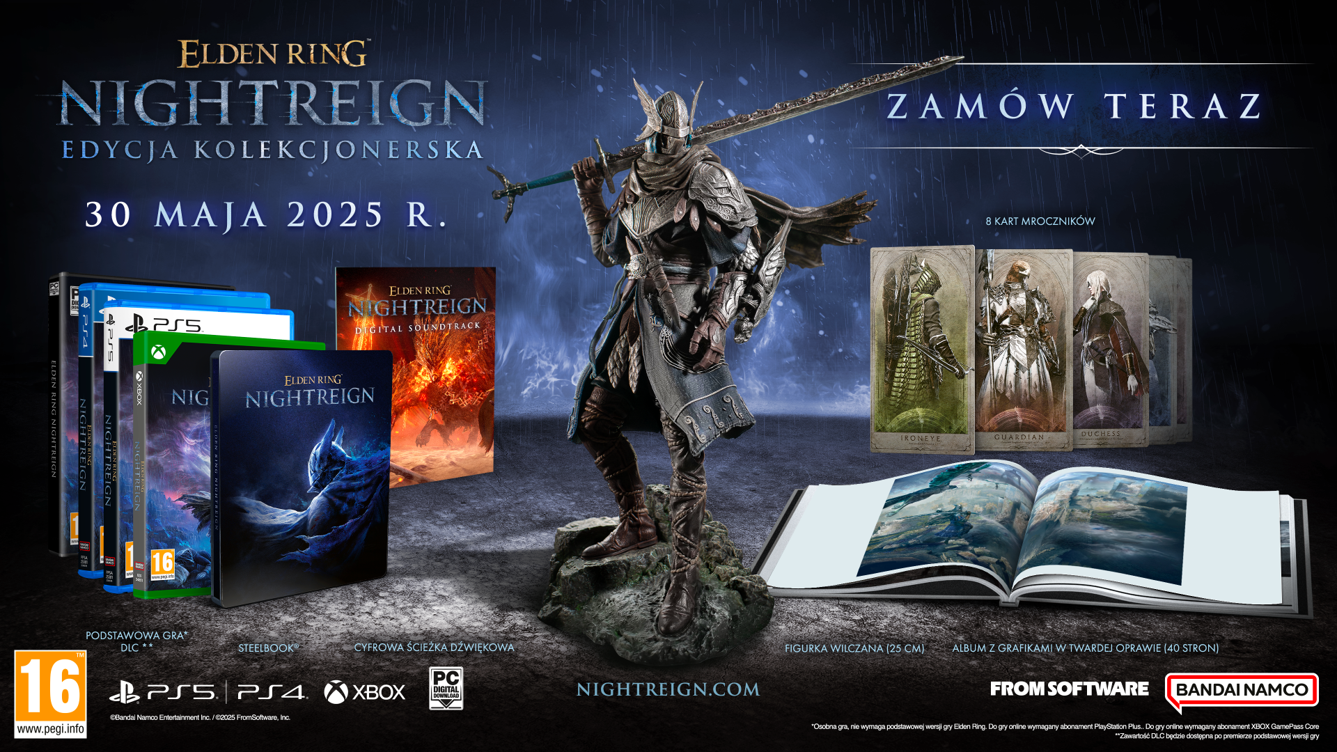 Zestaw kolekcjonerski Elden Ring Nightreign z grą, figurką, artbookiem i ścieżką dźwiękową.