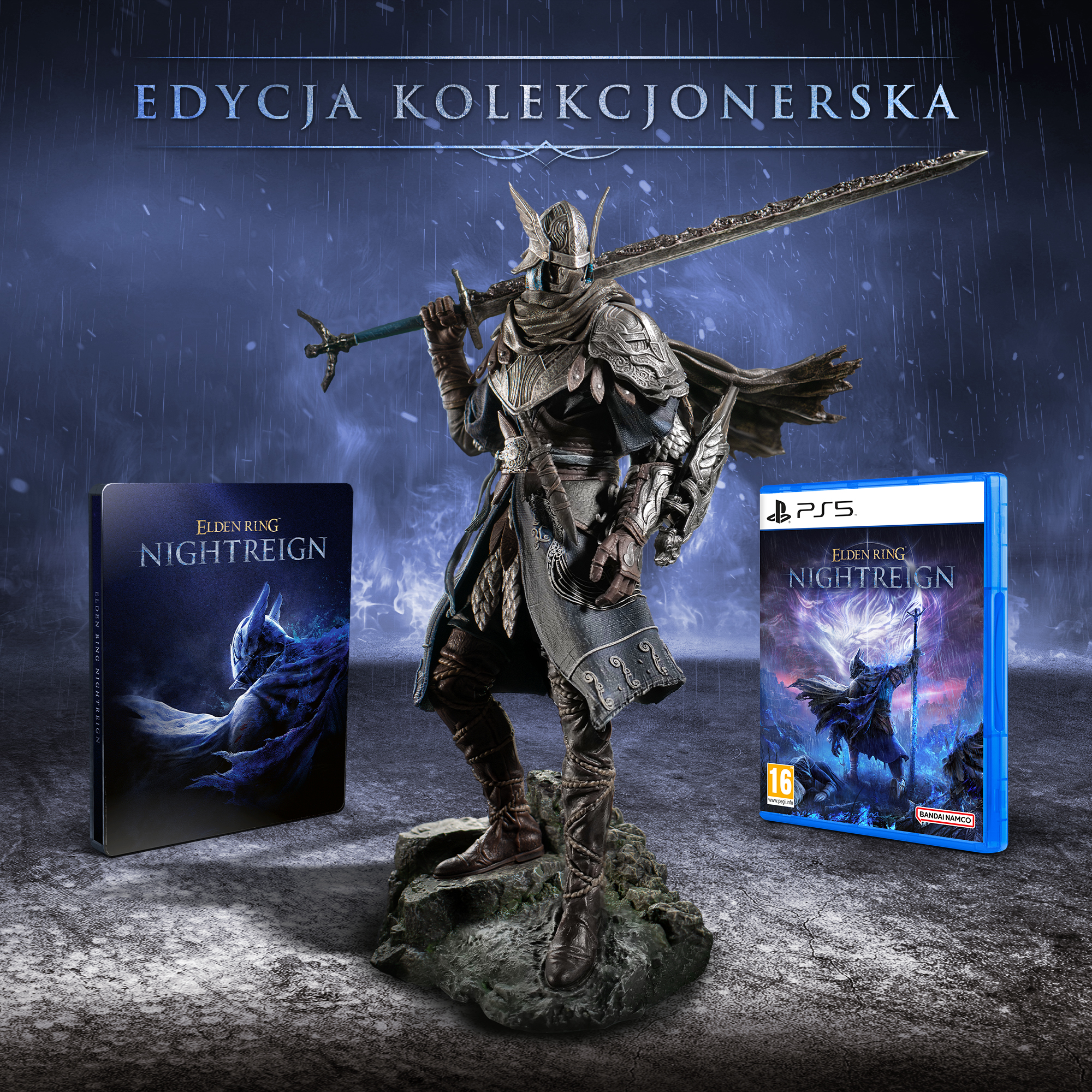 Statua Elden Ring Nightreign, pudełko z grą i steelbook na deszczowym tle.