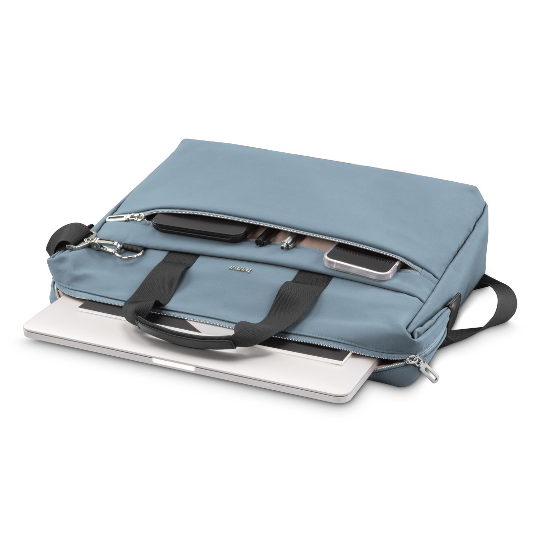 Eine blaue Laptoptasche mit einem Laptop und anderen Gegenständen darin.