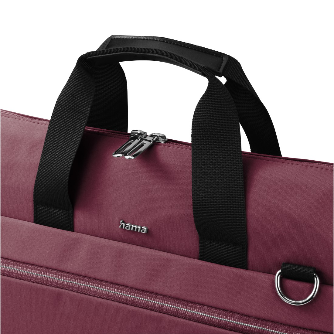Detail der weinroten Laptoptasche: Griffe, Reißverschlüsse und Logo.