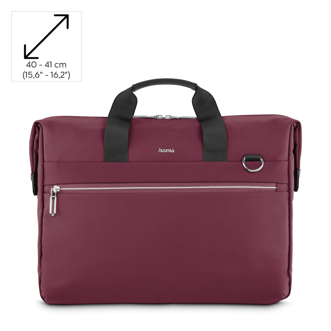 Bordeauxfarbene Laptoptasche, Griff und silberner D-Ring.