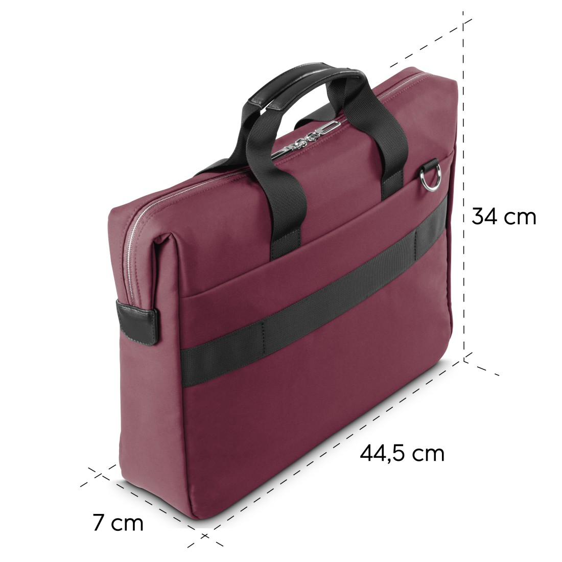 Weinrote Tasche mit den Maßen: 7 cm tief, 44,5 cm breit und 34 cm hoch.