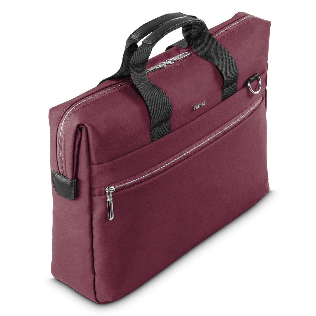 Burgunderfarbene Laptoptasche mit schwarzen Griffen und silbernen Reißverschlüssen.