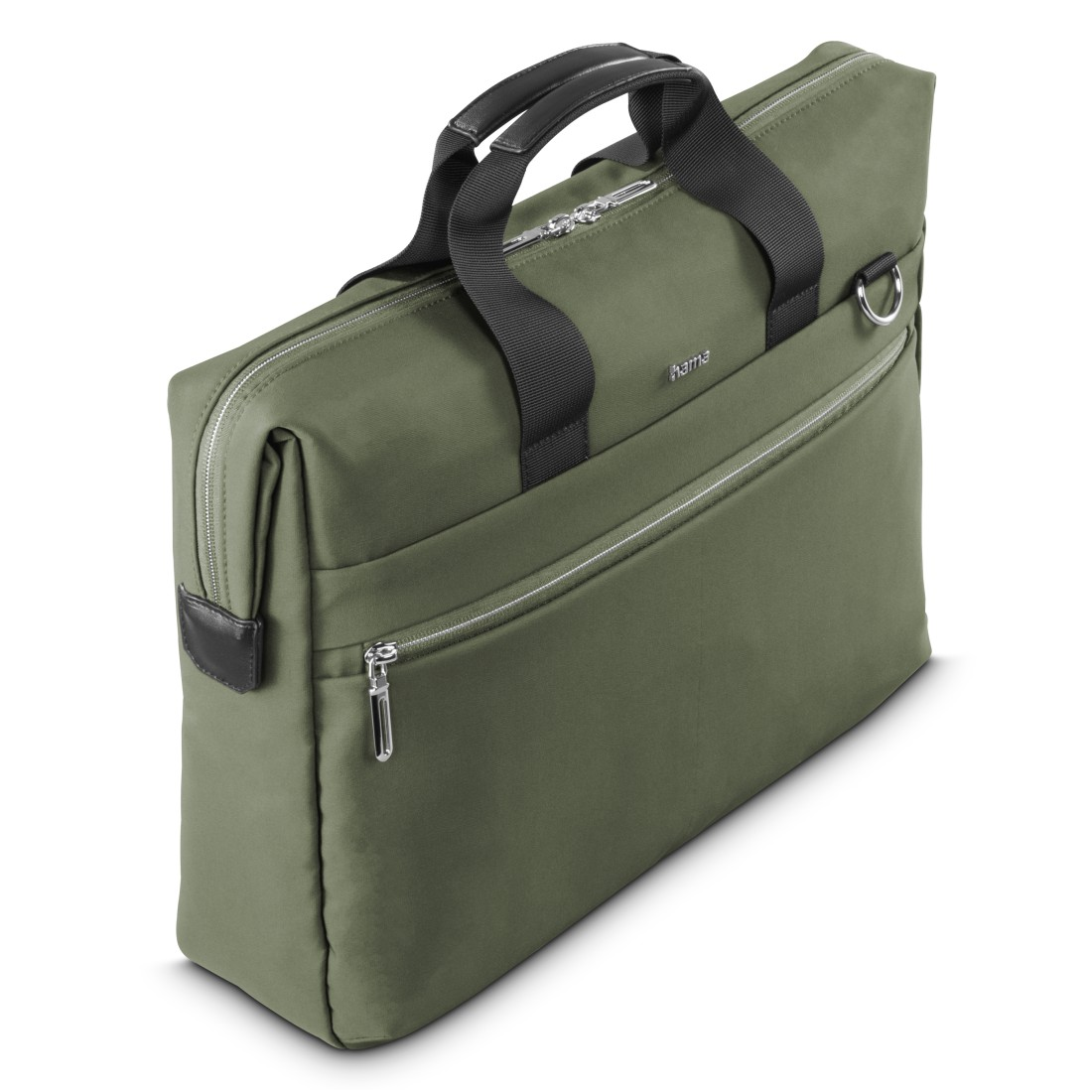 Olivgrüne Hama Laptoptasche mit schwarzen Griffen und silbernen Reißverschlüssen, auf weißem Hintergrund.