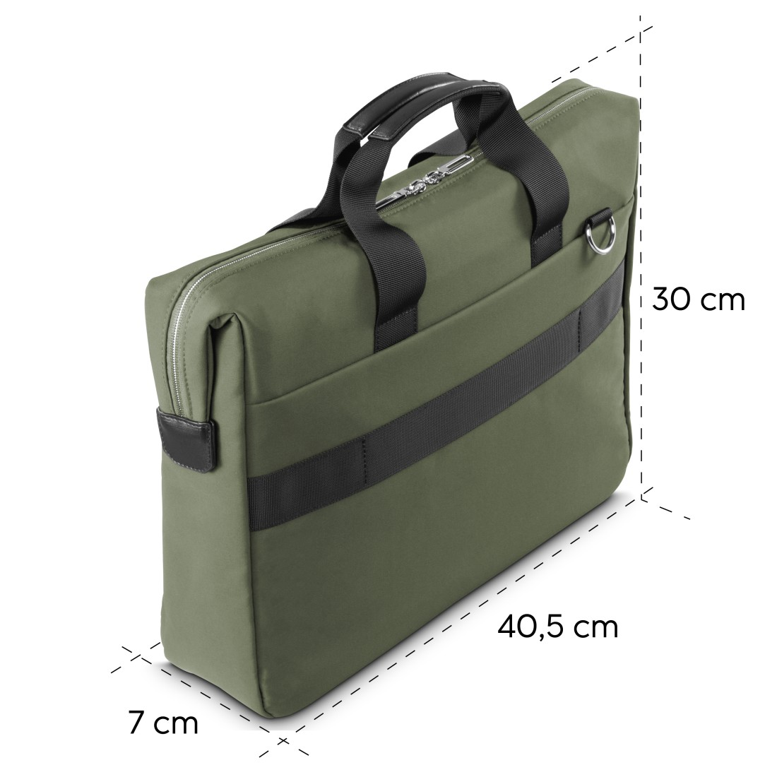 Grüne Tasche mit den Maßen: 7 cm tief, 40,5 cm breit und 30 cm hoch.