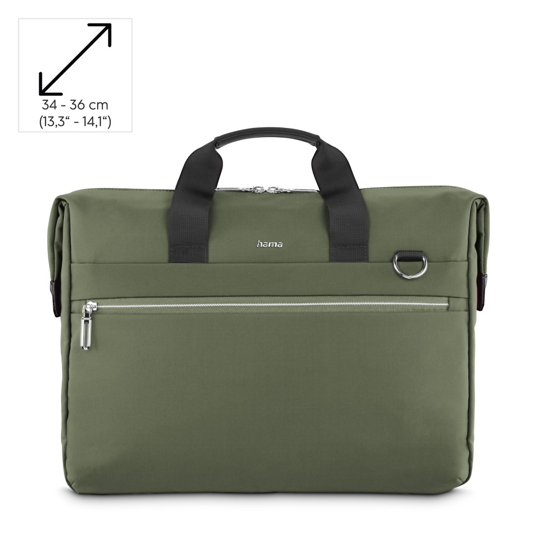 Grüne Laptoptasche mit Griffen, Reißverschluss und schwarzem Schultergurt.