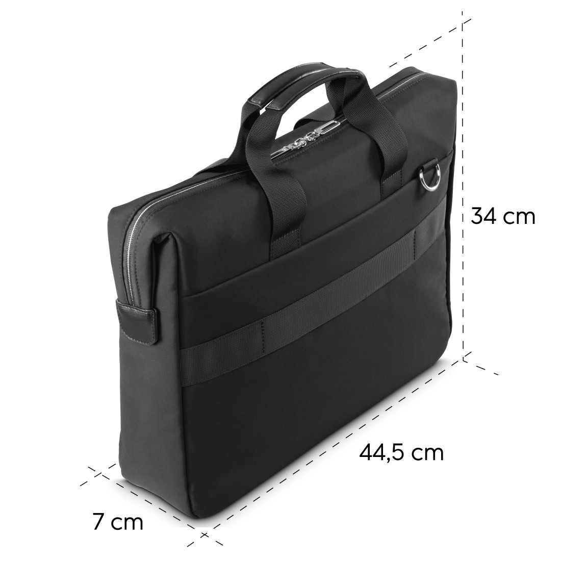 Schwarze Laptoptasche, Maße sind 34 cm hoch, 44,5 cm breit und 7 cm tief, mit Beschriftung.