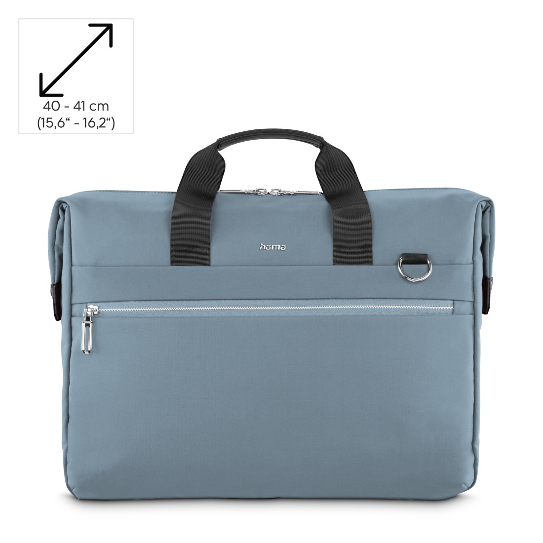 Blaue Laptoptasche auf Weiß, mit Abmessungen. Schwarze Griffe, Reißverschlüsse und D-Ring.