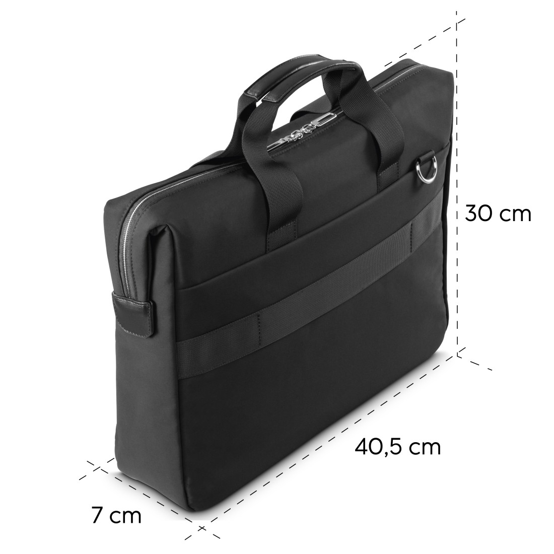 Eine schwarze Aktentasche mit Griff, Reißverschluss und den angegebenen Abmessungen: 7 cm, 40,5 cm, 30 cm.