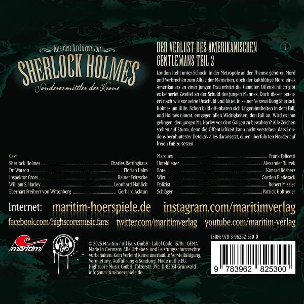 Ein Buchcover mit deutschem Text über Sherlock Holmes, mit Auflistung der Besetzung und der Mitwirkenden.