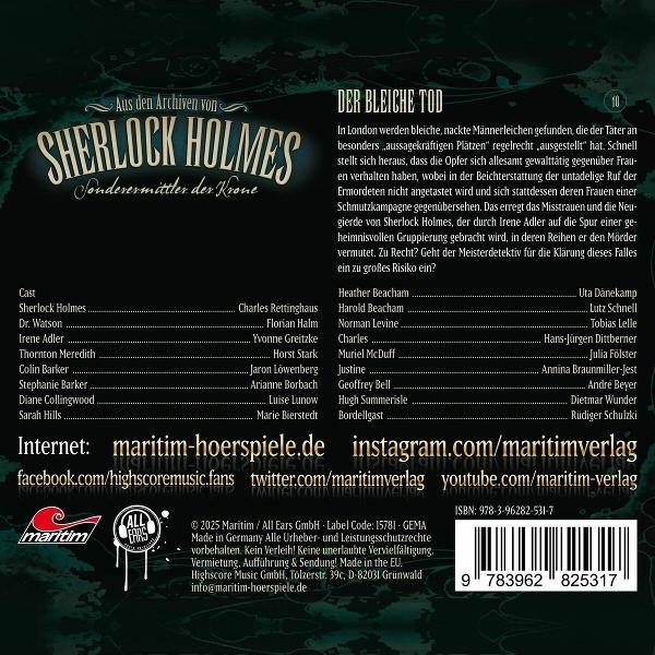 Ein Buchcover mit deutschem Text über Sherlock Holmes, einschließlich der Besetzung und der Mitwirkenden.