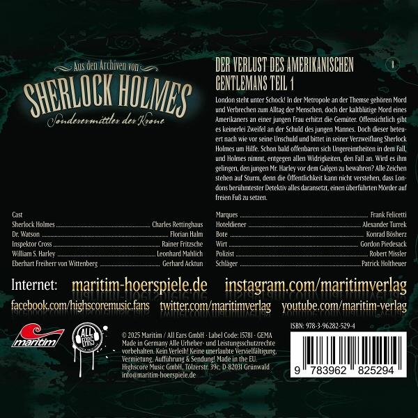Ein Buchcover mit deutschem Text über Sherlock Holmes.
