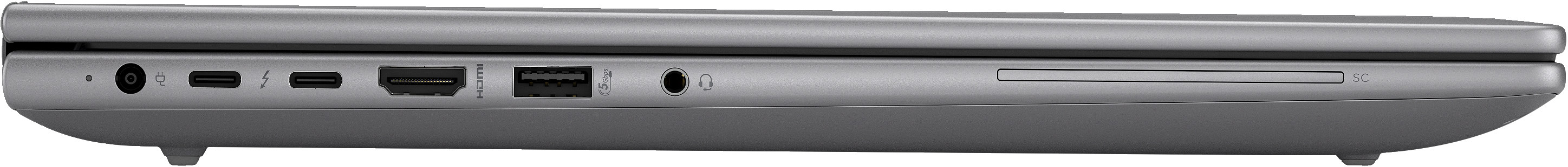Seitenansicht eines Laptops mit verschiedenen Anschlüssen.