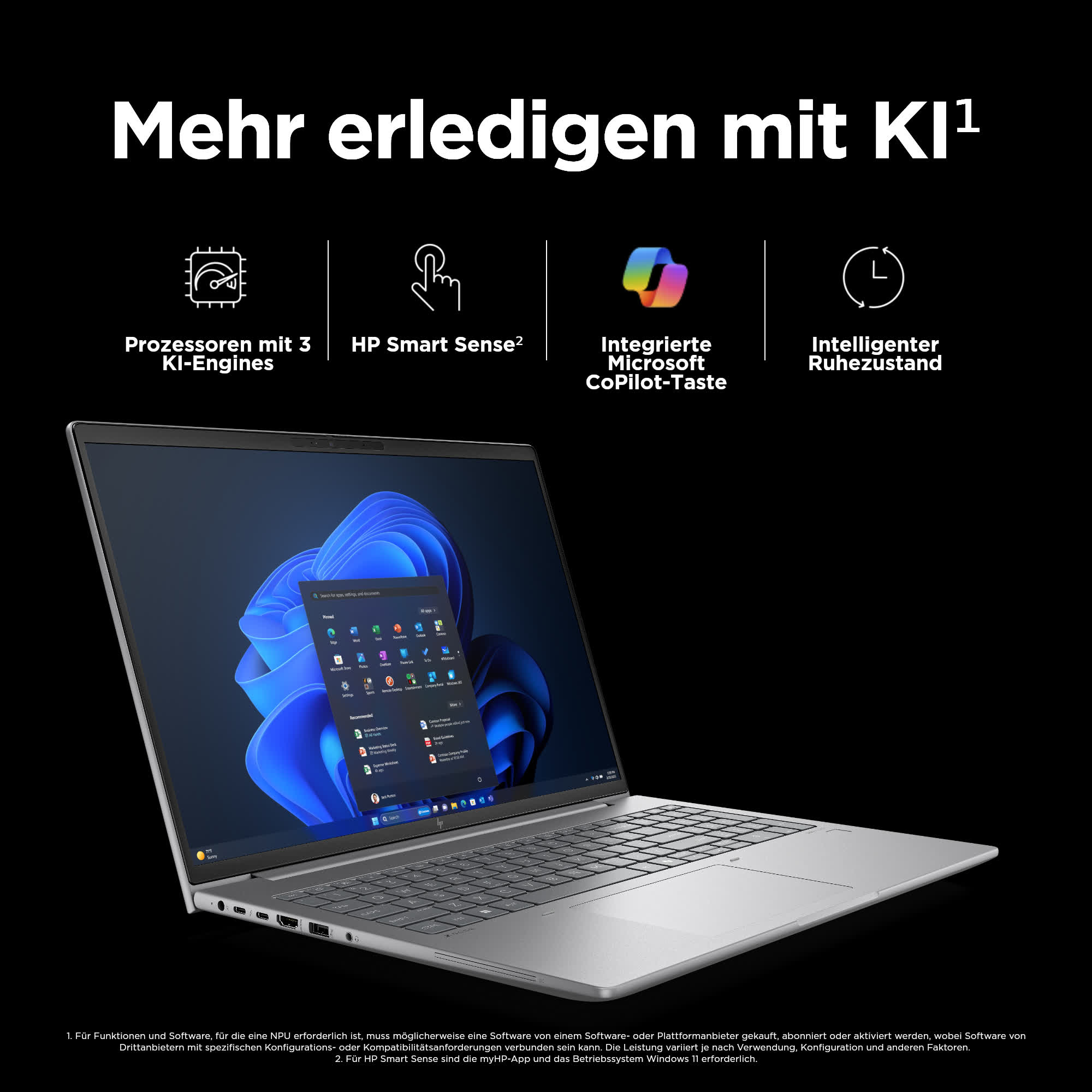 Ein Laptop zeigt einen Windows-Desktop. Text: Mehr erledigt mit KI. Details und Logos sind sichtbar.