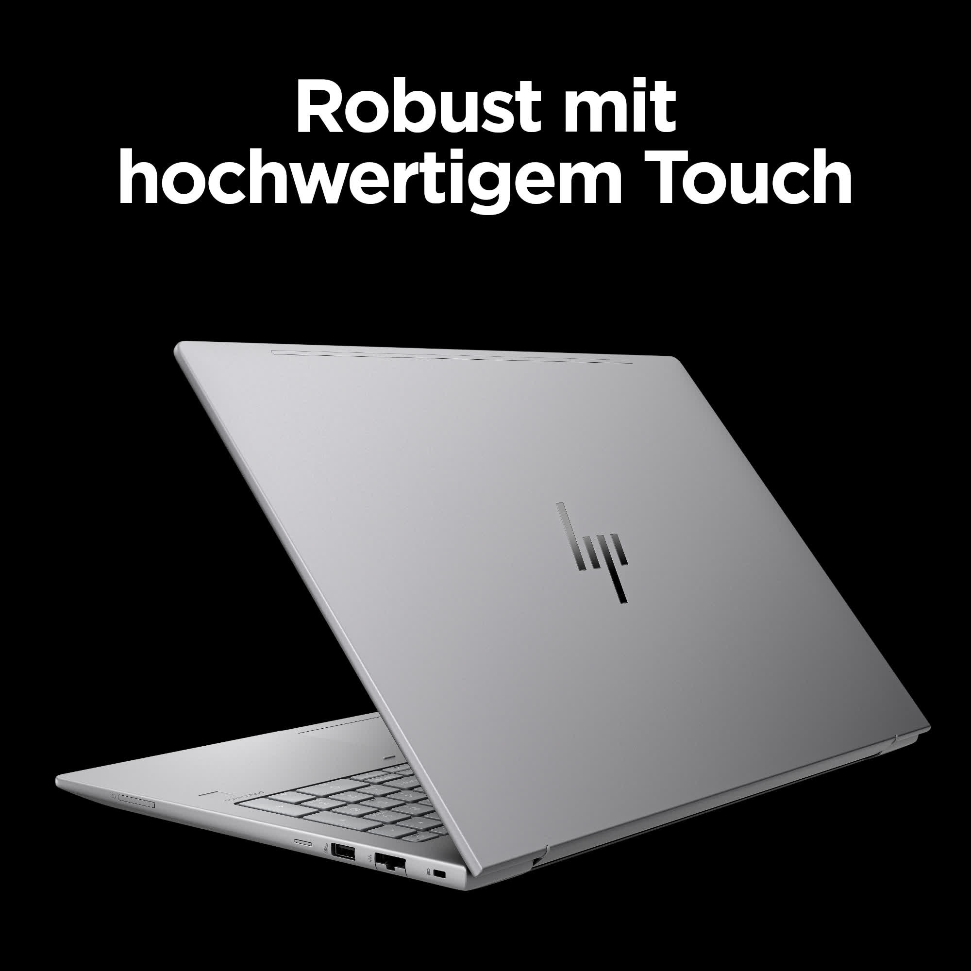Rückseite eines silbernen Laptops mit HP-Logo und dem Text 'Robust mit hochwertigem Touch'.