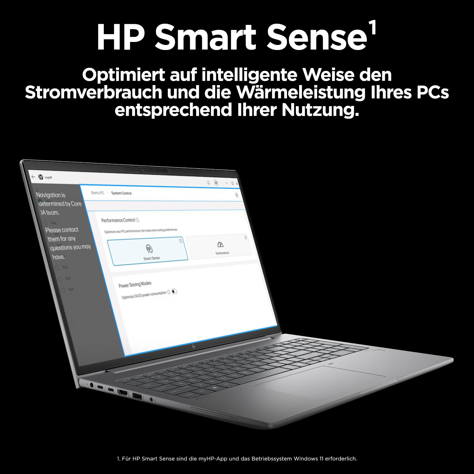 Laptop-Bildschirm mit HP Smart Sense-Funktionen, weißer Hintergrund.
