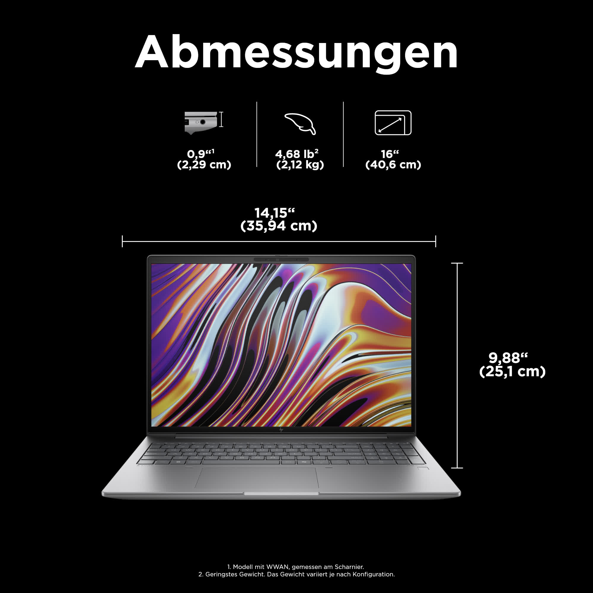 Laptopabmessungen mit Maßen und Symbolen. Maße in Zoll und Zentimetern.